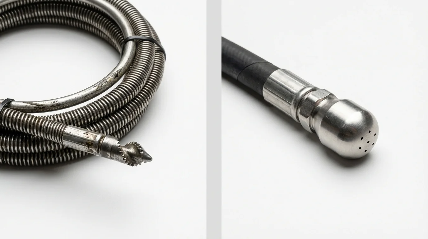 Drain snake cable and hydro jetting nozzle used for drain cleaning in Eagle River, AK