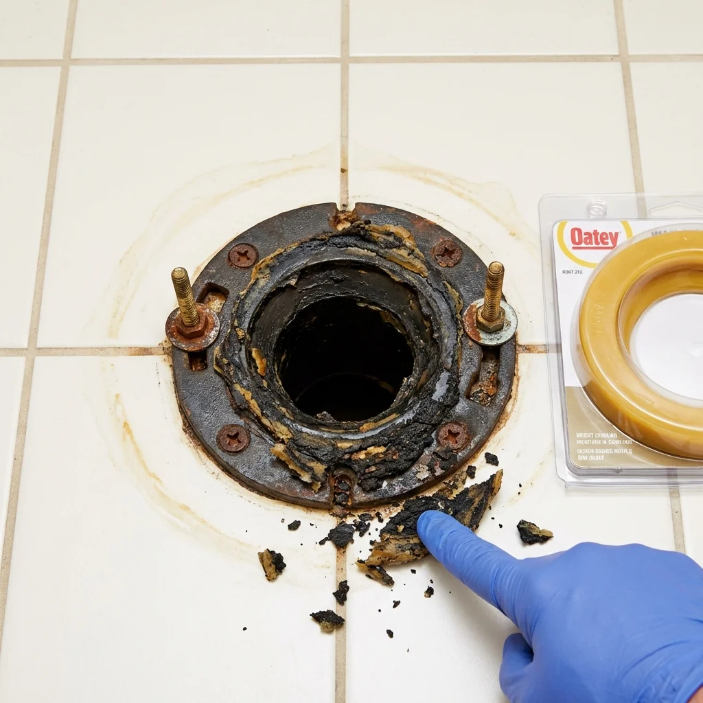 Failed wax ring showing water seepage at the base of a toilet in a Eagle River, AK home