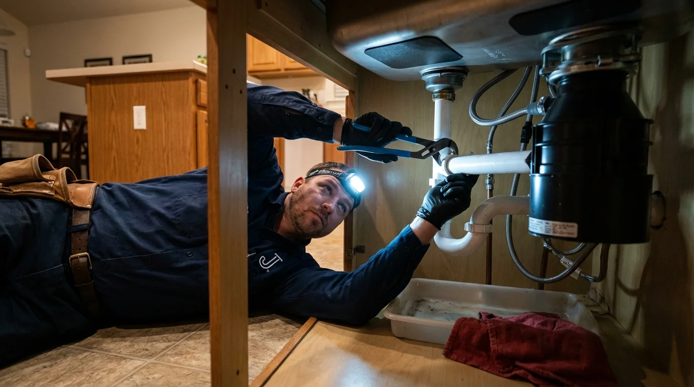 P-trap and supply line connections under a kitchen sink showing a common leak point in Eagle River, AK